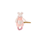 A soft pink plush toy mouse wearing a matching ruff collar and a tiny pocket on its front, featuring long arms, legs, and a tail.
