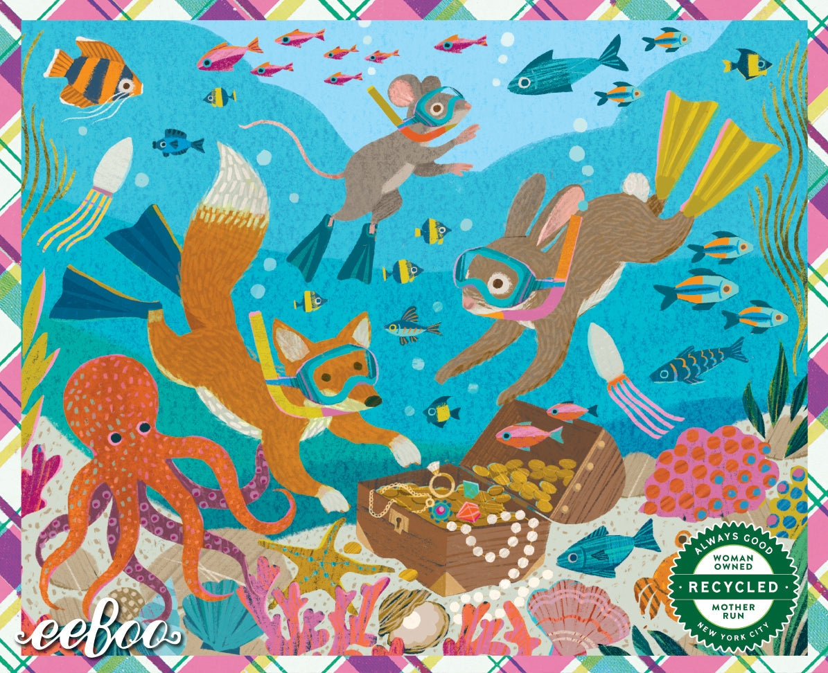 Colorful illustrated underwater scene with a mouse, fox, rabbit, octopus, fish, jellyfish, and treasure chest in a playful cartoon style. The artwork includes a green circular 'Recycled Paper Fun' badge and the word 'seeBoo' at the bottom left.