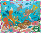 Colorful illustrated underwater scene with a mouse, fox, rabbit, octopus, fish, jellyfish, and treasure chest in a playful cartoon style. The artwork includes a green circular 'Recycled Paper Fun' badge and the word 'seeBoo' at the bottom left.