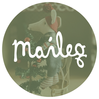 Maileg mouse decorating a small christmas tree with the maileg logo on top of the image