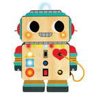 A wooden toy robot with colorful buttons, shapes, and a yellow cord on a plain white background.