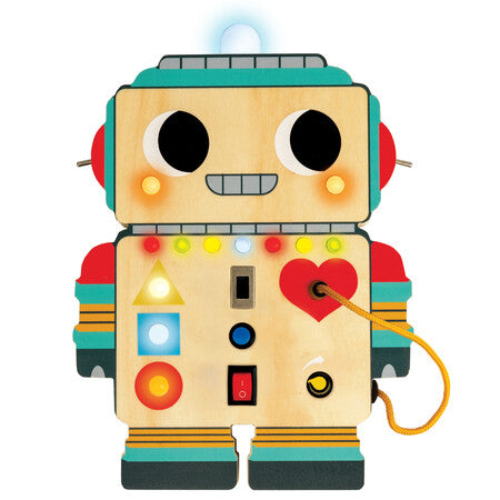 A wooden toy robot with colorful buttons, shapes, and a yellow cord on a plain white background.