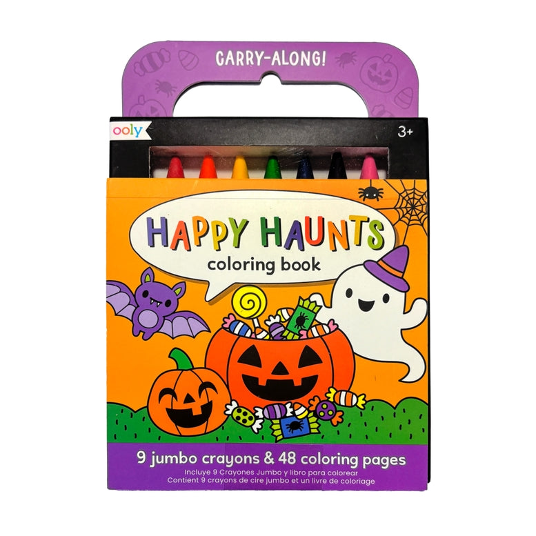 Ooly Happy Haunts Coloring Book in its original packaging, featuring a Halloween theme with a purple carry handle, orange cover, and visible multicolor crayons.