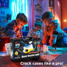 Children playing with a Master Detective Toolkit in a room with colorful lighting.