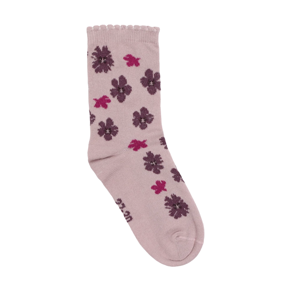 Minymo Socks in a light purple/huckleberry shade with a floral print and wavy scalloped edge.