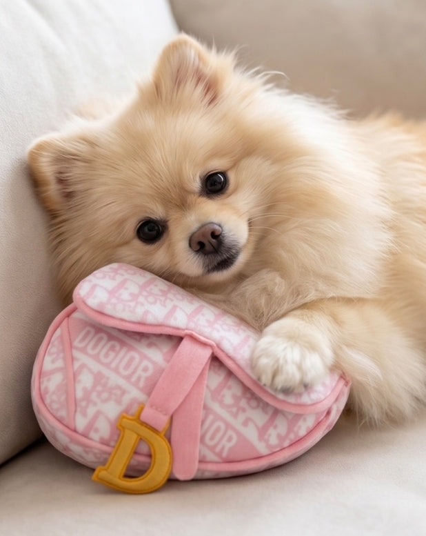 A fluffy cream-colored Pomeranian dog rests on a beige sofa, holding a pink patterned Dior bag with a yellow Dior charm.