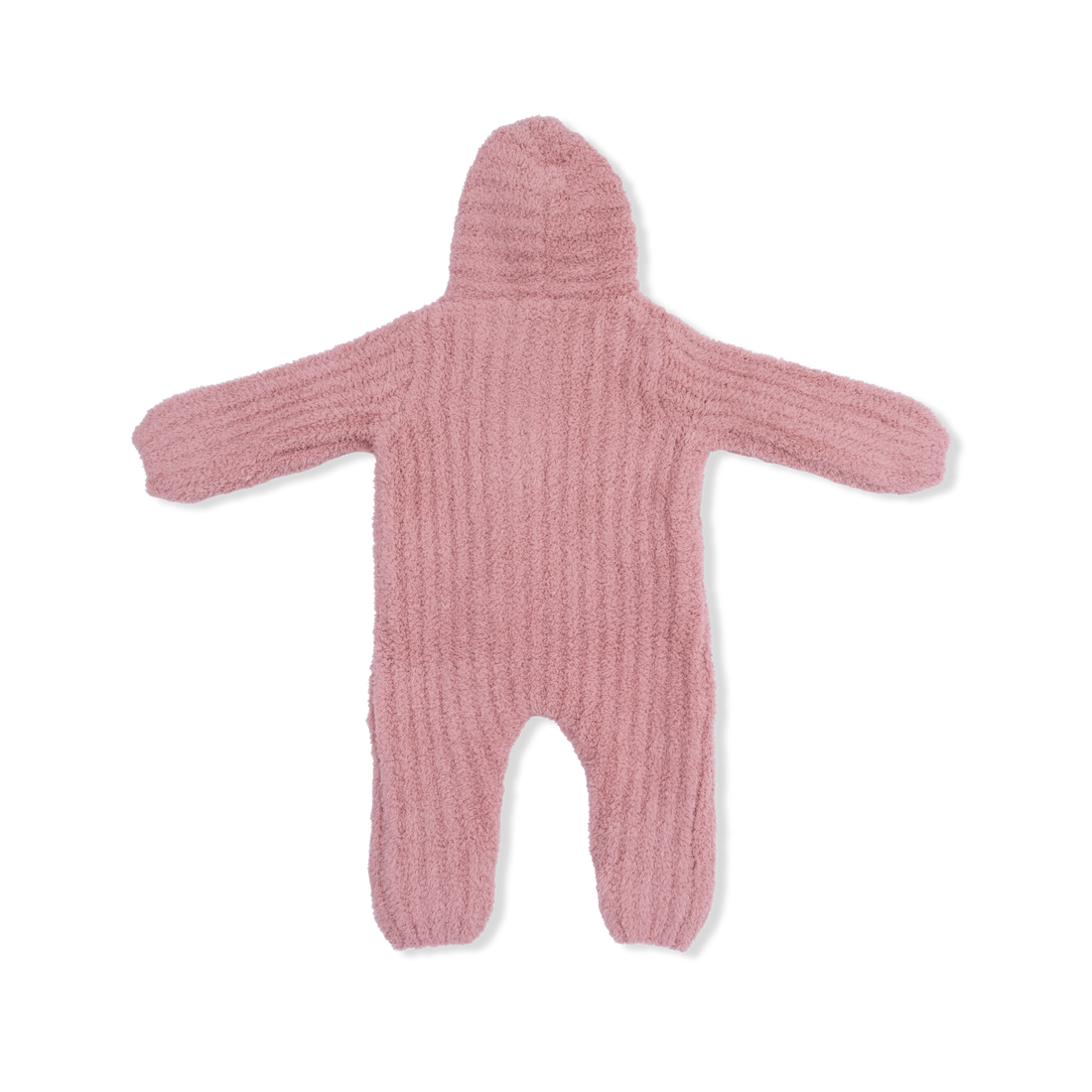 Pink knitted baby romper with a hood on a white background