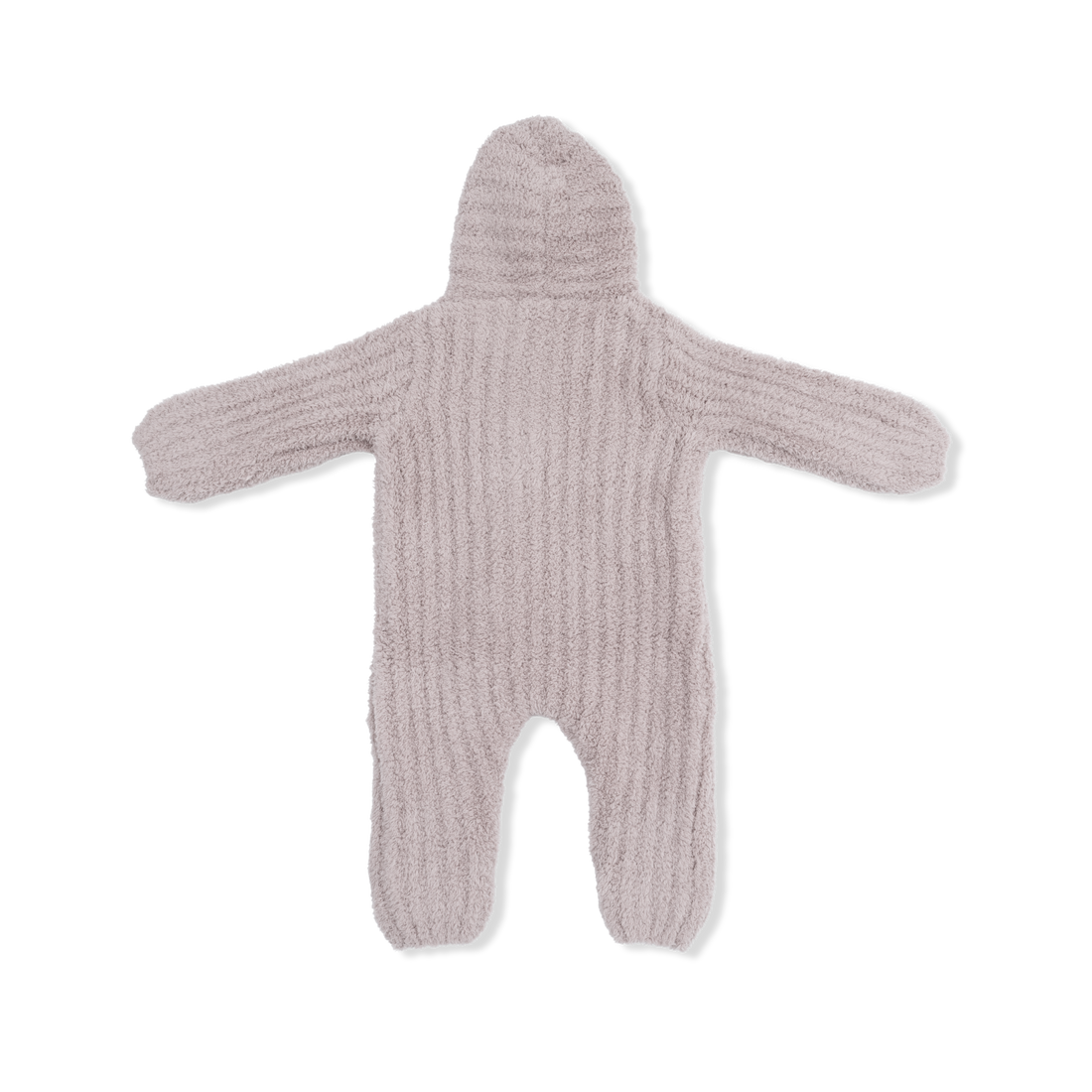 Knitted baby romper with a hood on a white background