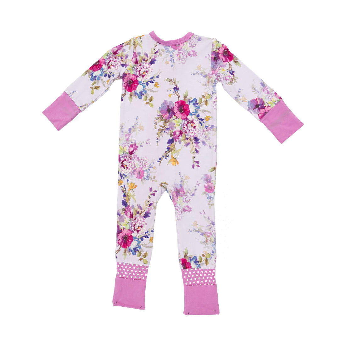 A baby long-sleeve footed sleeper with a white background, featuring a colorful floral print in pink, purple, and blue, with solid pink cuffs and leg cuffs.