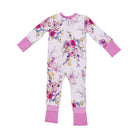 A baby long-sleeve footed sleeper with a white background, featuring a colorful floral print in pink, purple, and blue, with solid pink cuffs and leg cuffs.