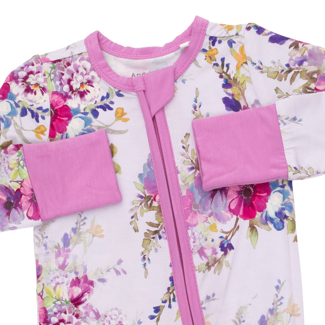 A baby long-sleeve zip-up sleeper with a white background and a colorful floral print, featuring solid pink trim, collar, cuffs, and front zipper.