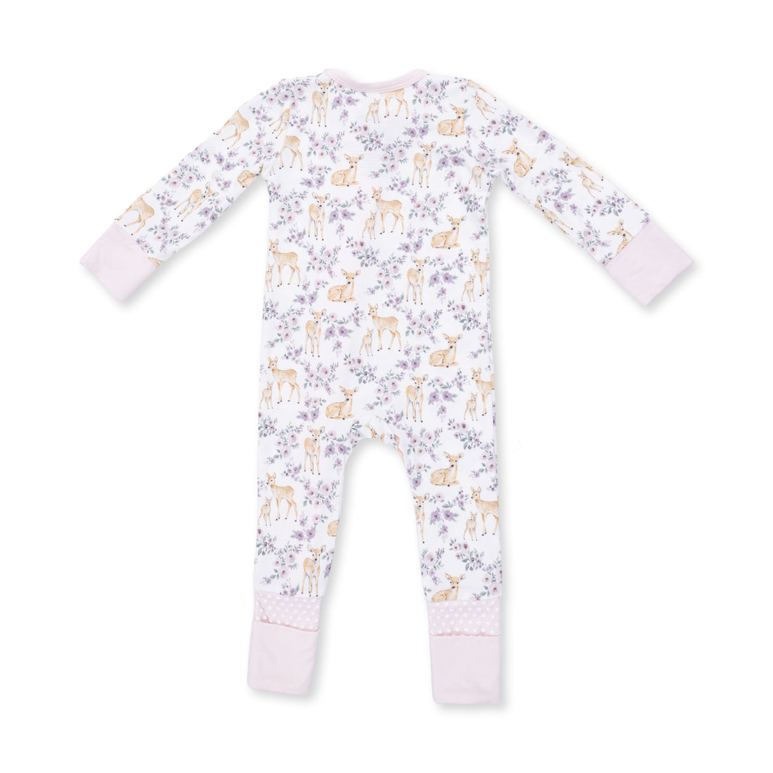 A baby long-sleeve footless one-piece jumpsuit with an all-over print of light brown deer and purple flowers on a white background, finished with light pink ribbed cuffs and footings.