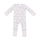 A baby long-sleeve footless one-piece jumpsuit with an all-over print of light brown deer and purple flowers on a white background, finished with light pink ribbed cuffs and footings.
