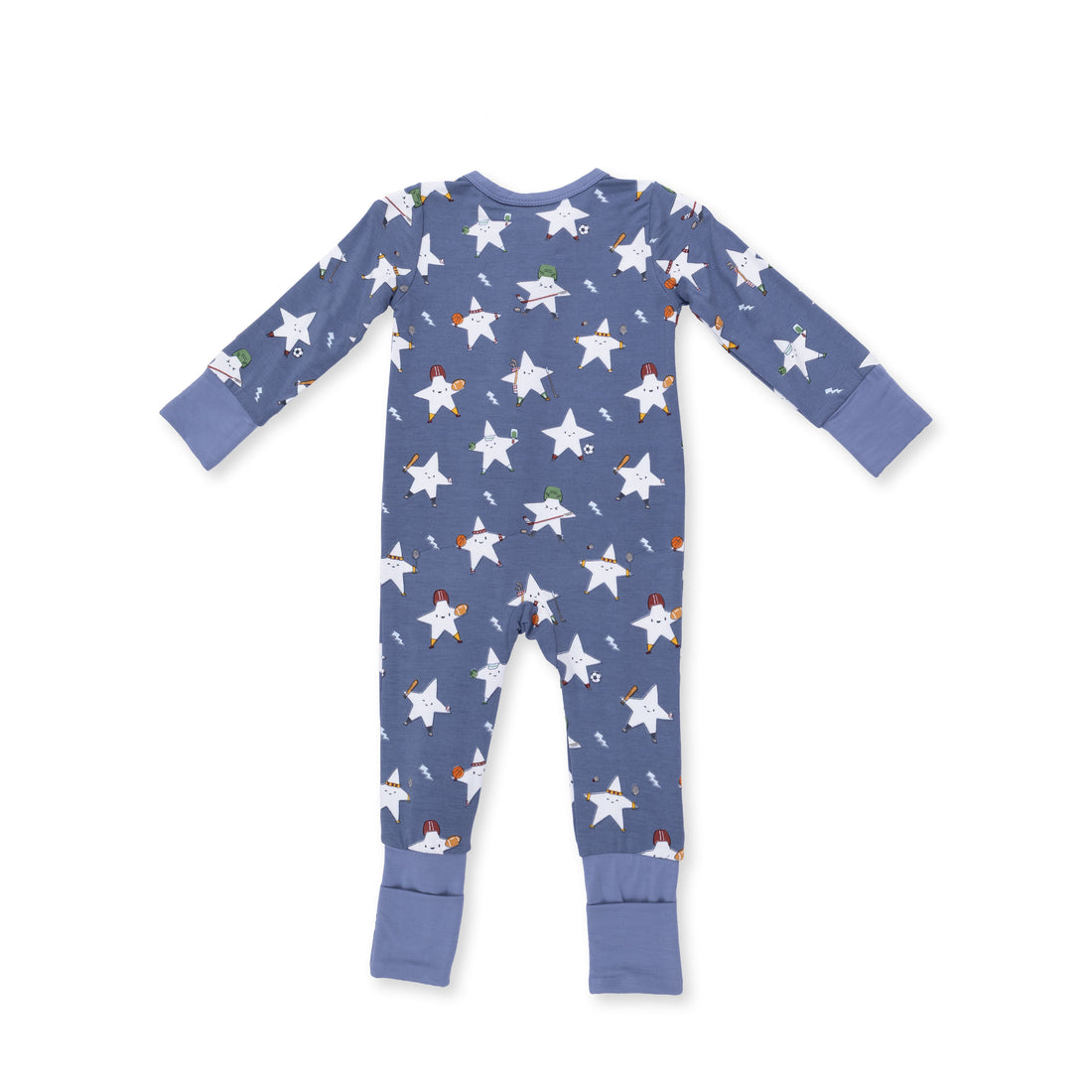 Blue baby onesie with star pattern on a white background