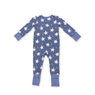 Blue baby onesie with star pattern on a white background