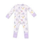 A baby long-sleeve footed sleeper in white with a pastel mermaid and sea creature print, featuring light purple cuffs and leg hems.