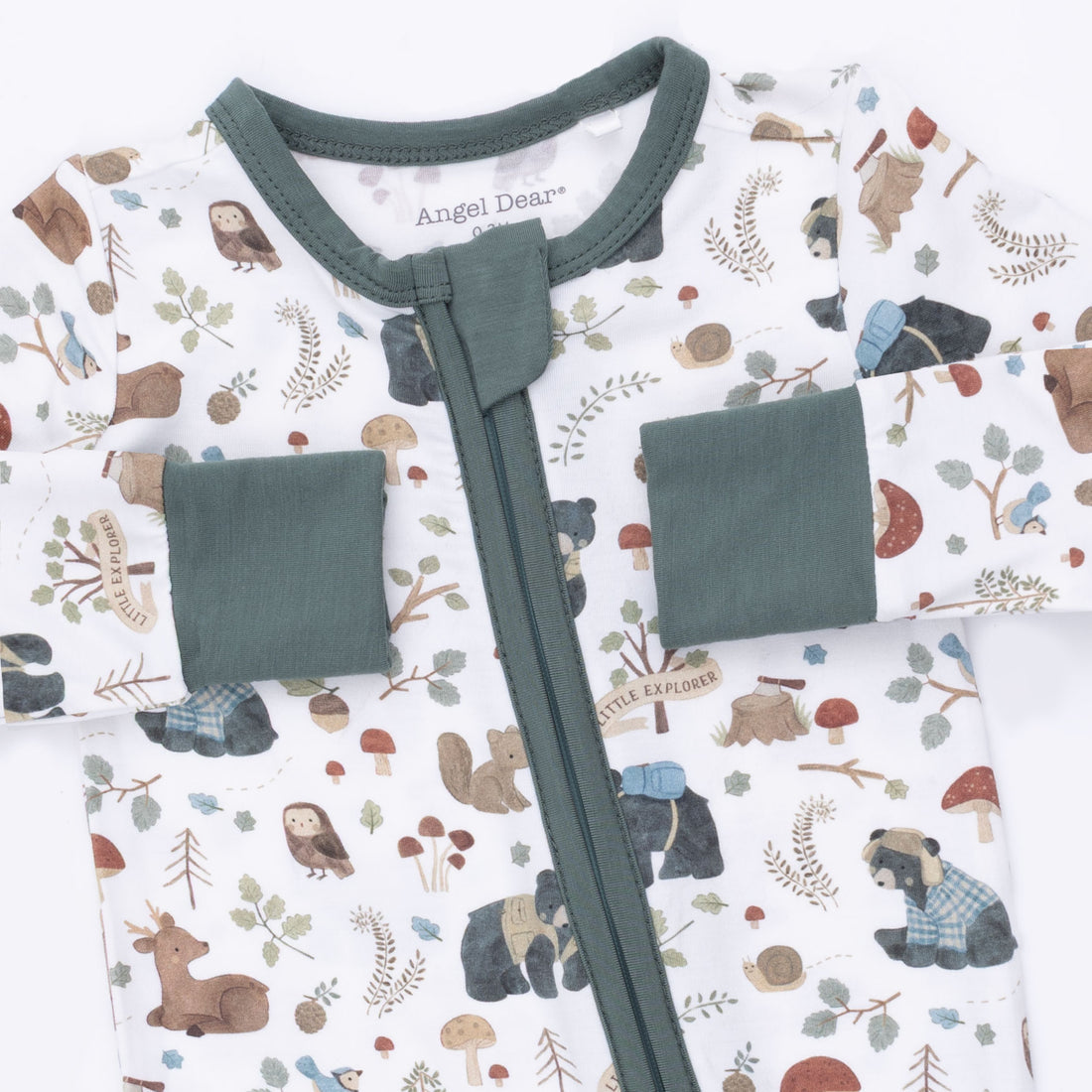 Baby romper with forest animal pattern and 'Angel Dear' branding
