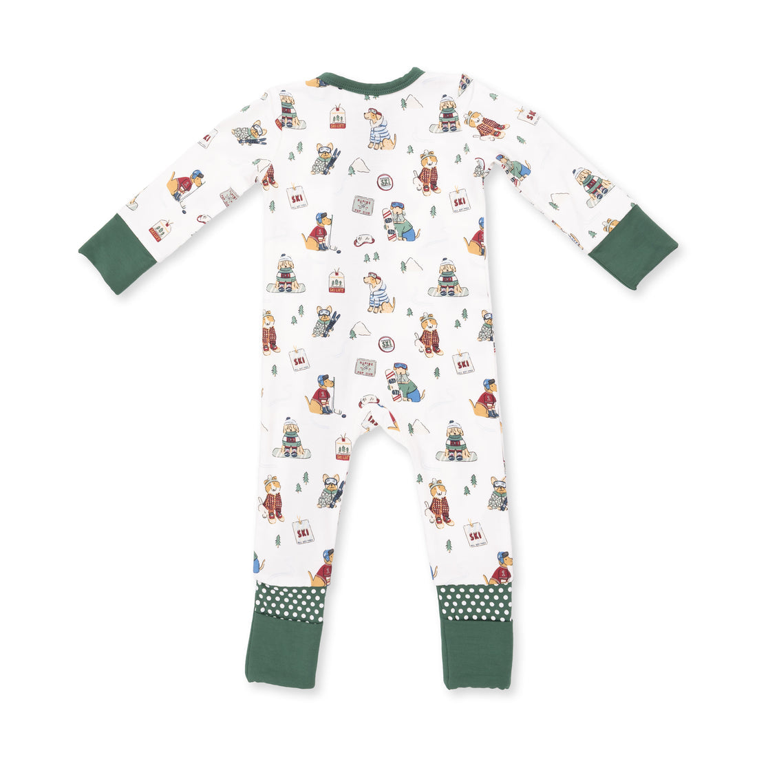 A baby long-sleeve footed sleeper in white with a colorful winter-themed teddy bear print, featuring dark green cuffs and leg bands.