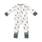 A baby long-sleeve footed sleeper in white with a colorful winter-themed teddy bear print, featuring dark green cuffs and leg bands.