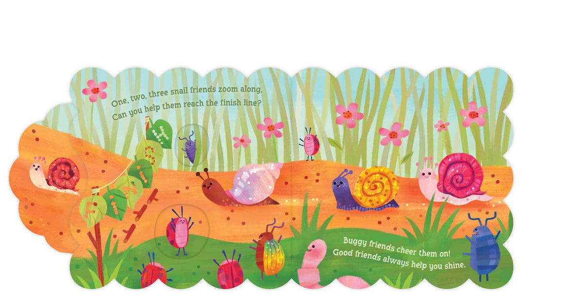 Children's book page with snail characters and a wooden log on a white background