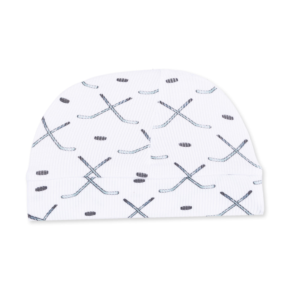 White beanie with hockey pattern on a white background