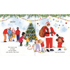 Illustration of Santa Claus with children around a Christmas tree, featuring text.