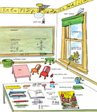 Illustration of a classroom with educational elements and furniture.