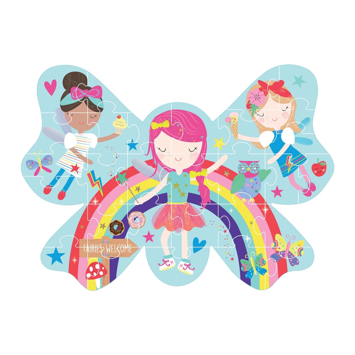 Butterfly-shaped puzzle with fairy characters on a white background