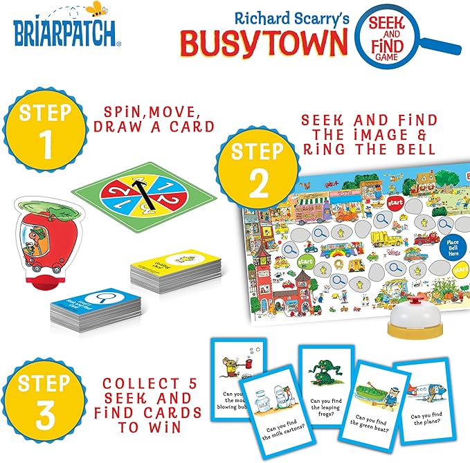 Busy Town educational toy set with cards, game board, and character figures on a white background.