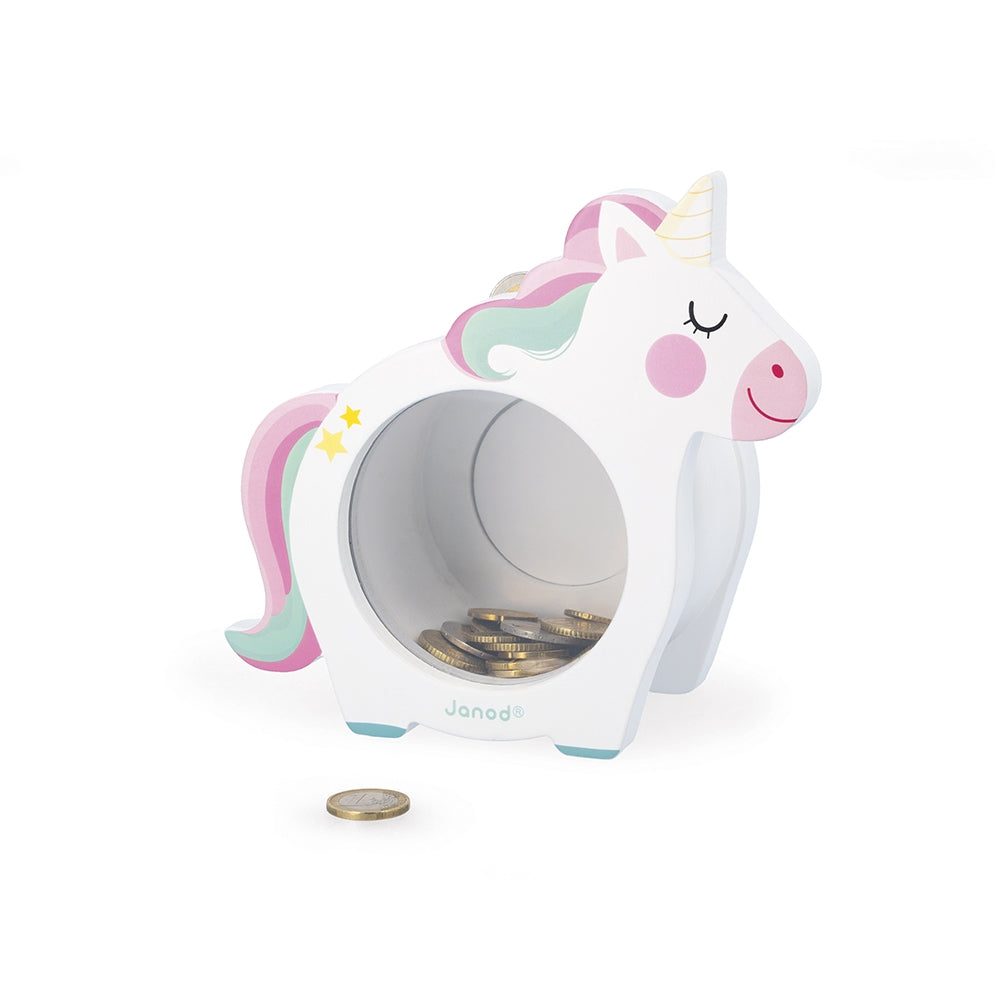 Unicorn-shaped piggy bank with coins inside on a white background