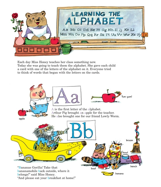 Illustration from a children's book teaching the alphabet with cartoon animals and objects.