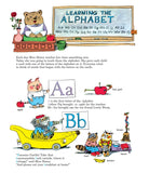 Illustration from a children's book teaching the alphabet with cartoon animals and objects.