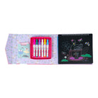 Children's art set with markers and a drawing book on a white background