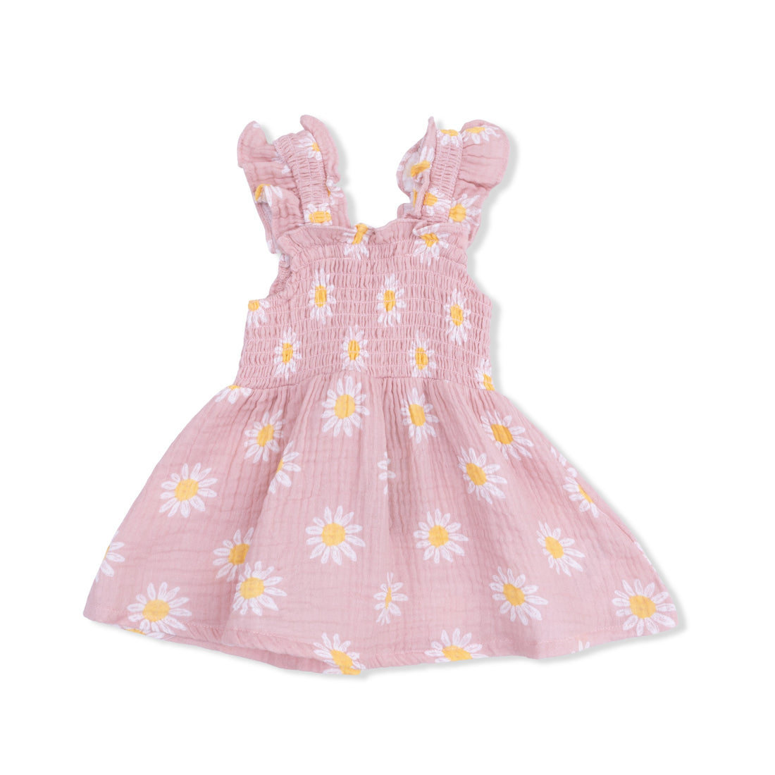 Pink dress with daisy pattern on a white background