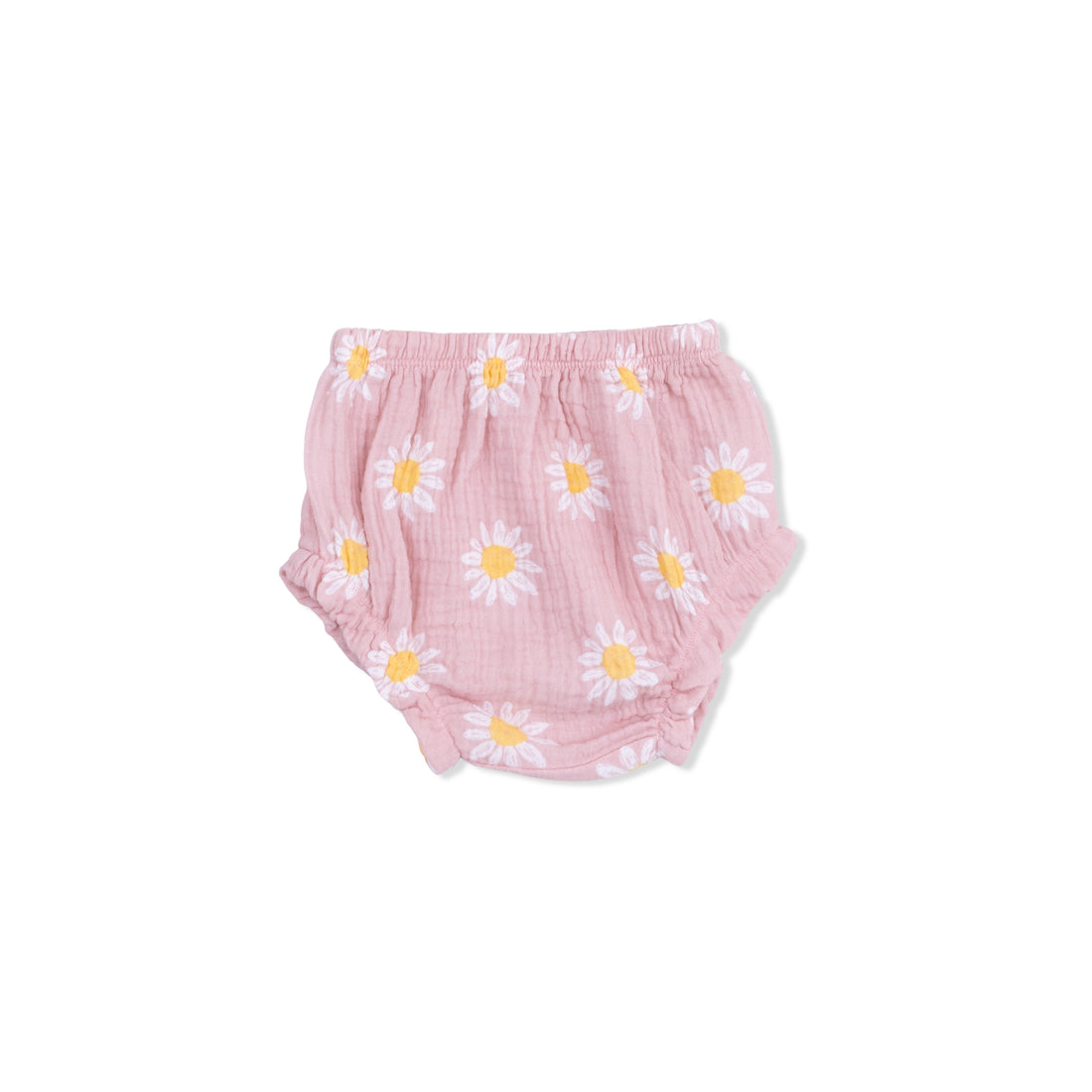 Pink baby bloomers with daisy pattern on a white background