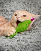 Cat playing with a green toy on a gray carpet