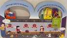 A children's interactive book or activity board showing a sports dressing room scene with illustrated characters, jerseys hanging in lockers, skates on the floor, and two oval cutout windows with text prompts like 'Time to get ready for the big game!' and 'How many skates do you see in the dressing room?'.