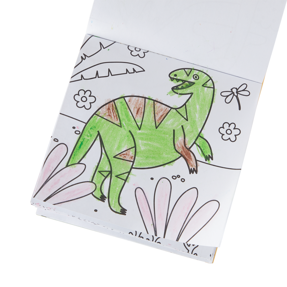 Coloring book with a green dinosaur illustration on a white background