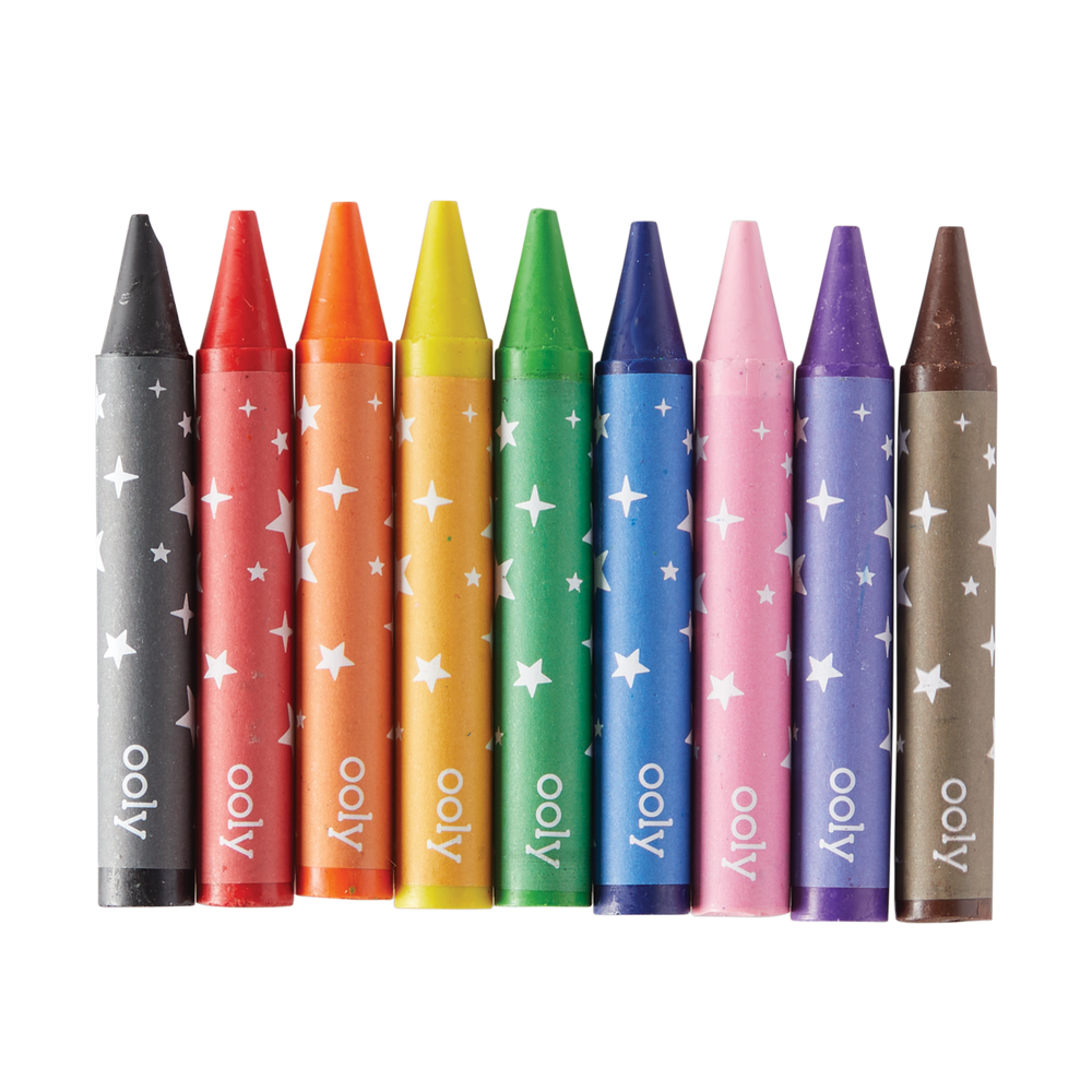 Set of colorful crayons with 'ooly' branding on a white background