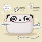 Panda-shaped device with features listed on a beige background