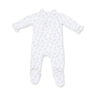 A baby footed sleeper in white with a delicate light blue floral pattern, shown flat on a white background.