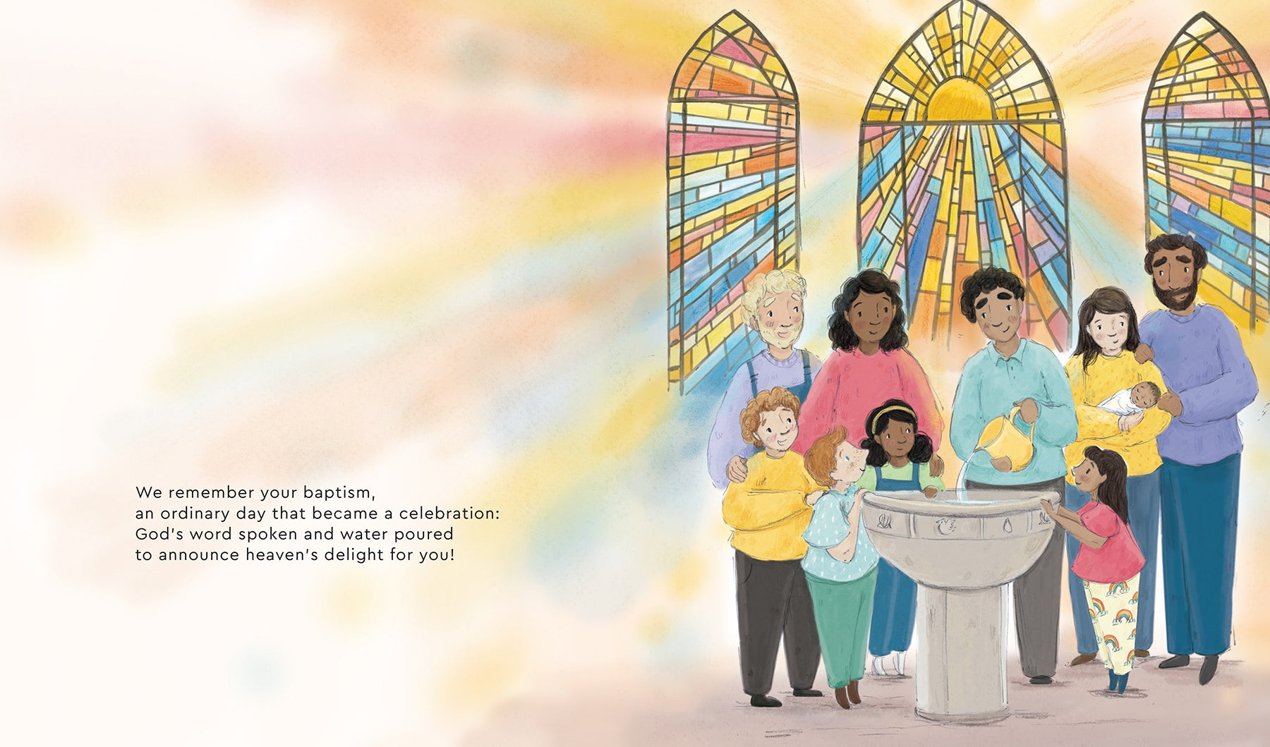 Illustration of a family gathered around a baptismal font with stained glass windows in the background.