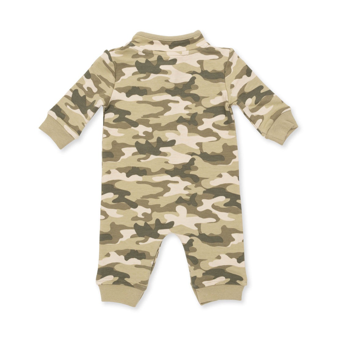 A baby long-sleeve camouflage jumpsuit shown from the back, featuring a classic camo pattern in beige, tan, and olive green with ribbed cuffs and footings, set against a plain white background.
