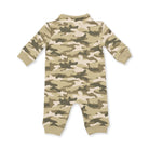 A baby long-sleeve camouflage jumpsuit shown from the back, featuring a classic camo pattern in beige, tan, and olive green with ribbed cuffs and footings, set against a plain white background.