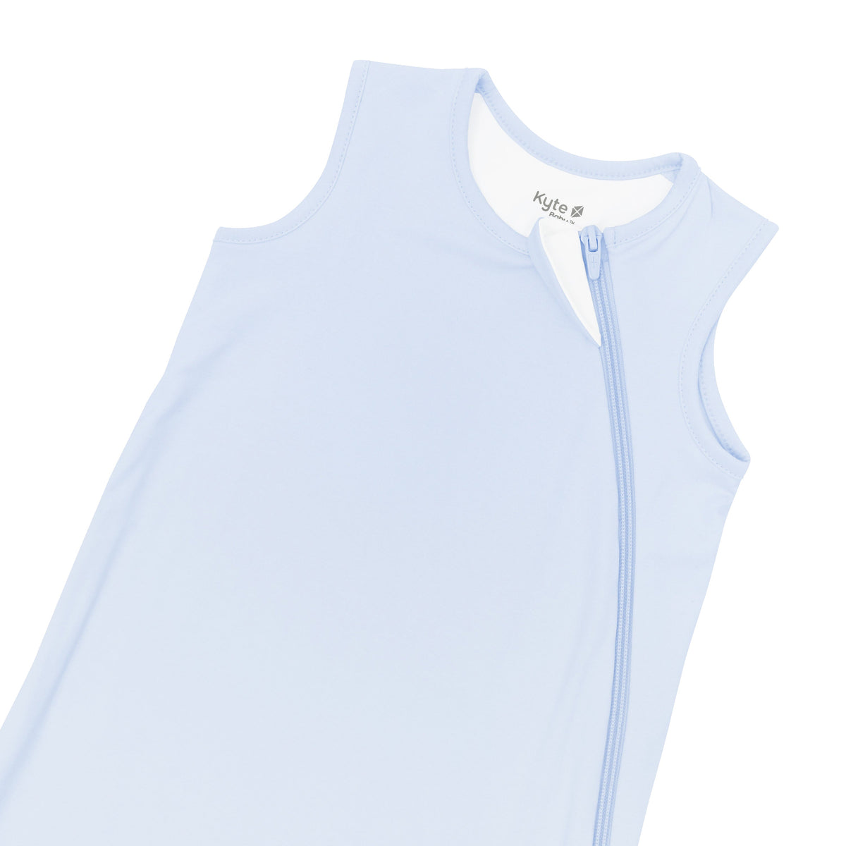 Light blue sleeveless baby outfit with zipper on a white background