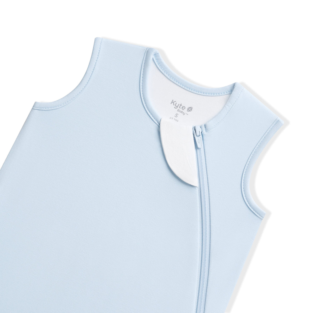 Light blue sleeveless baby outfit with zipper on a white background