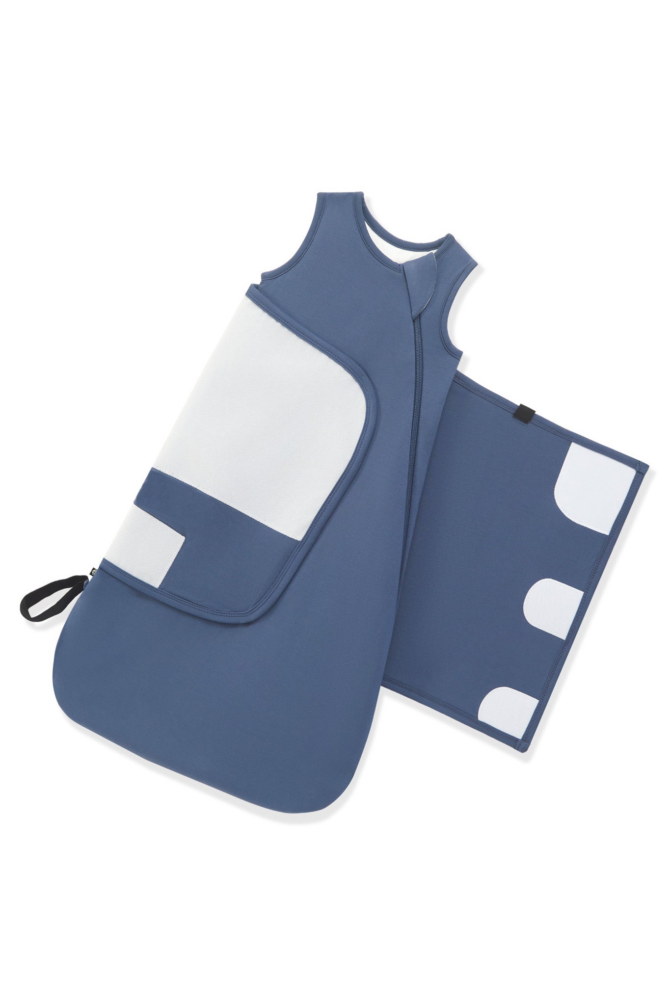 A blue and white baby sleep bag shown on a clean white background, with the front view on the left and the interior pocket view on the right.
