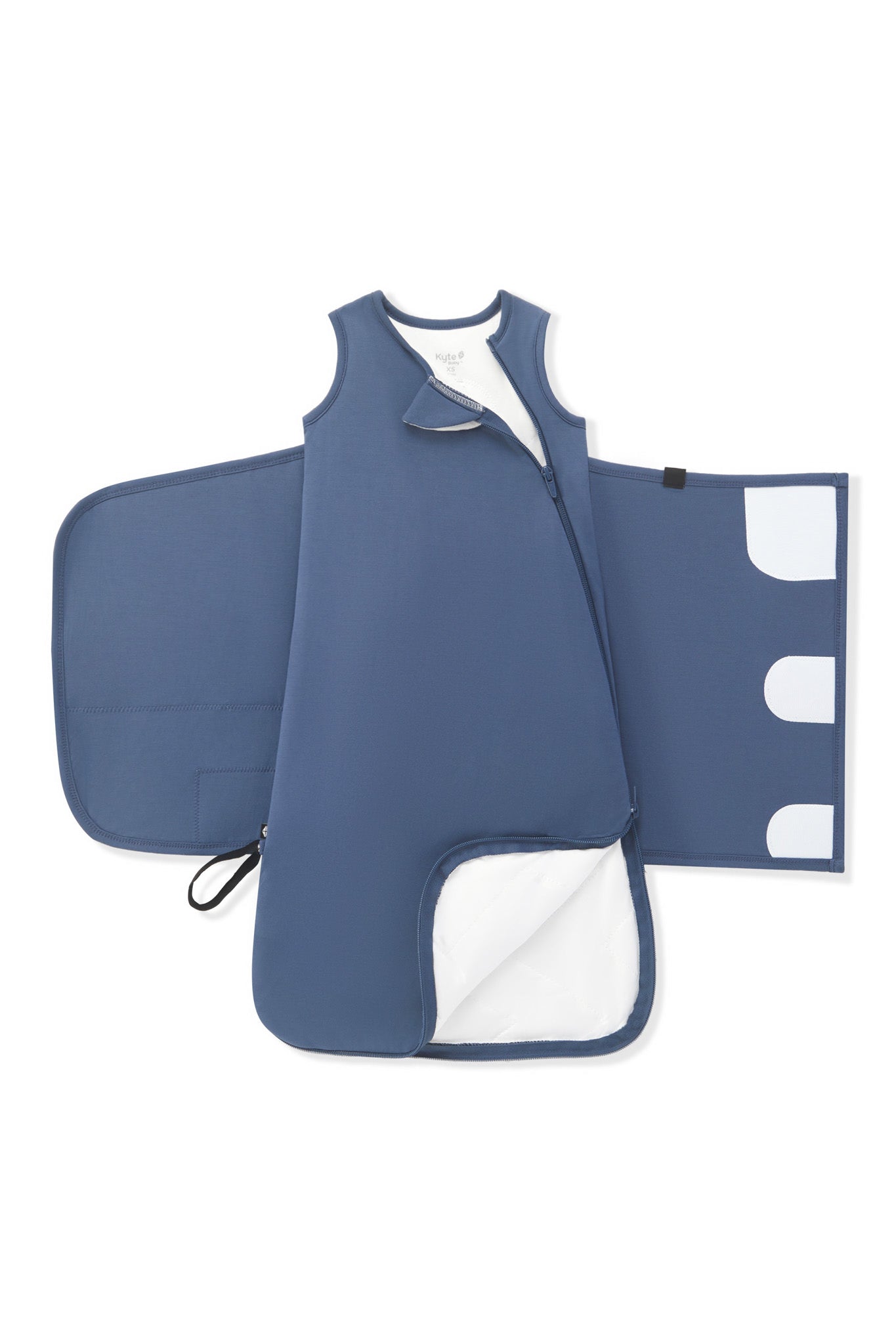 A blue baby sleep sack with a white interior lining, shown partially unzipped to display both the front panel and the adjustable back panel on a white background.