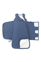 A blue baby sleep sack with a white interior lining, shown partially unzipped to display both the front panel and the adjustable back panel on a white background.