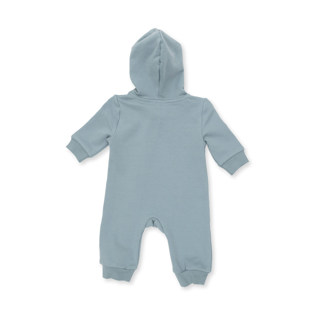 A baby's long-sleeve hooded footless romper in a dusty light blue color, shown from the back against a plain white background.